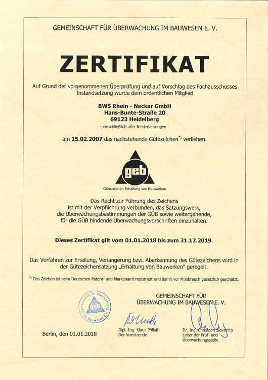 Zertifikat der Gemeinschaft für Überwachung im Bauwesen e.V. für das Gütezeichen Erhaltung von Bauwerken (geb)