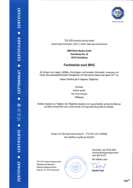 Zertifizierung des TÜV Süd für den Fachbetrieb nach WHG
